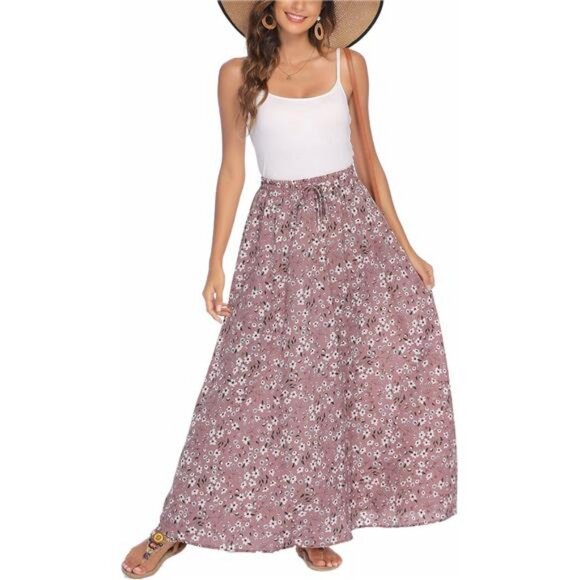 Women Flowy Long Skirts Summer Beach Pleated Elastic High Waisted - Picture 3 of 7